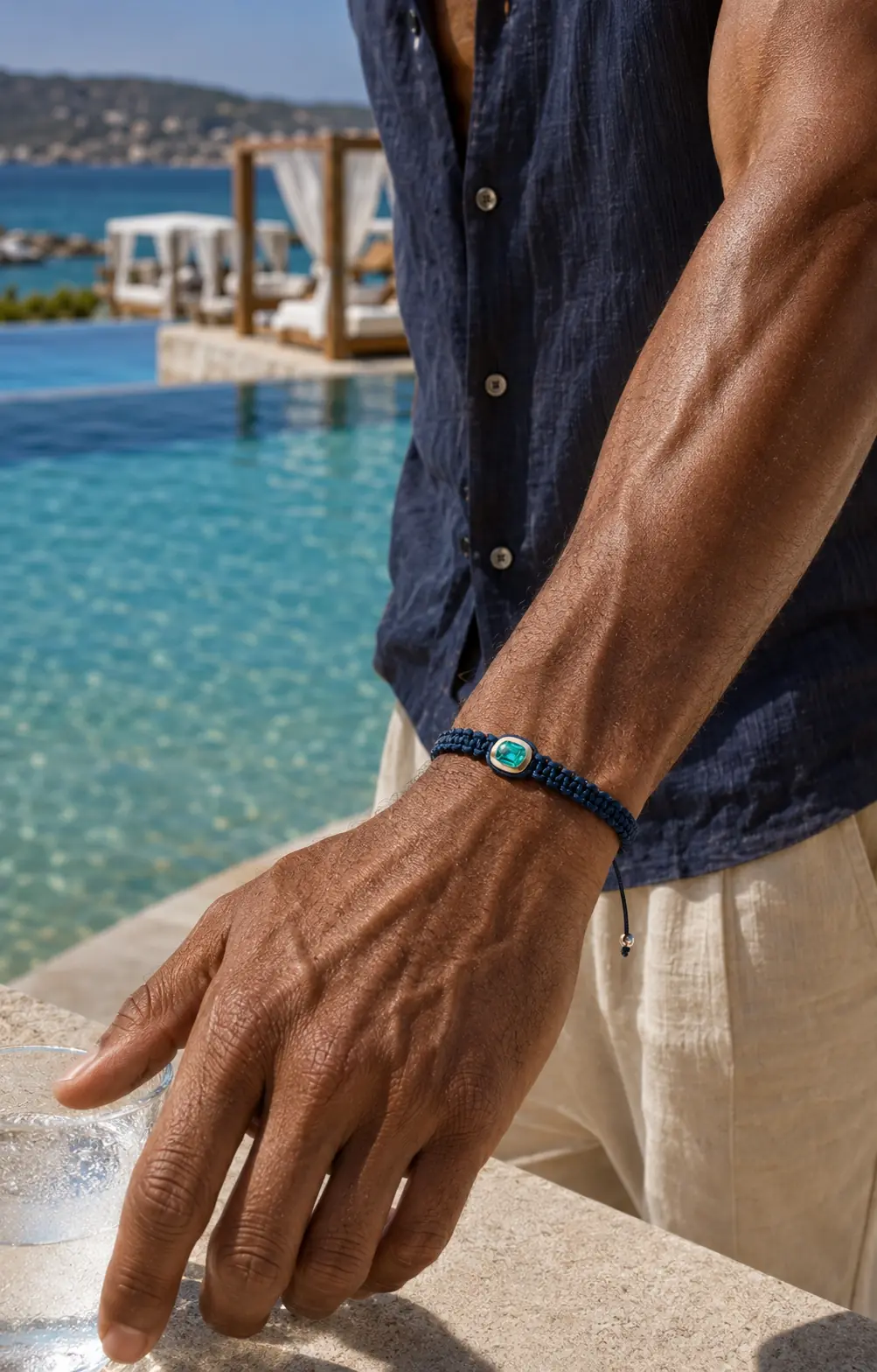 REBL Signature Bracelet worn on the wrist beside a coastal infinity pool, with a navy linen shirt.