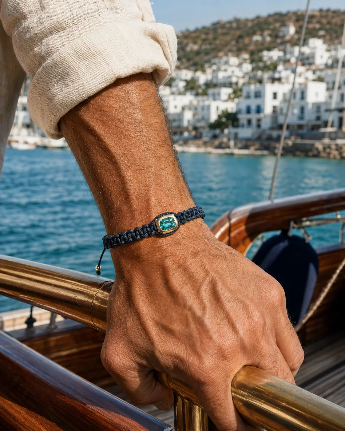 REBL Signature Bracelet worn on the wrist on a wooden gulet, resting on a brass rail near a whitewashed harbour town.