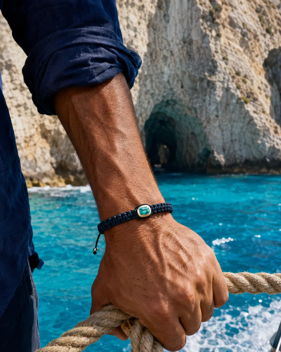 REBL Signature Bracelet worn on the wrist beside turquoise sea cliffs, holding a mooring rope.