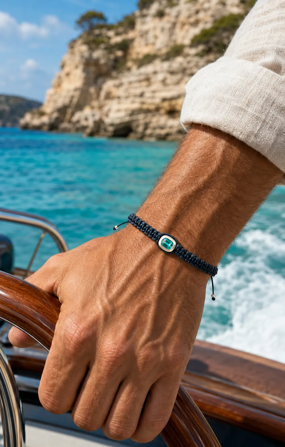 REBL Signature Bracelet worn on the wrist at a sailboat helm, with sea cliffs in the distance.
