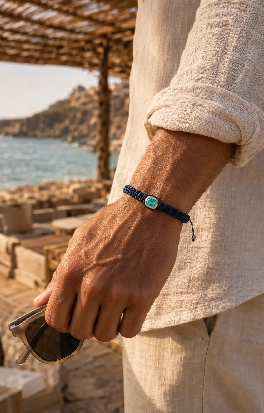 REBL Signature Bracelet worn on the wrist beneath a wooden beach pergola, holding sunglasses.